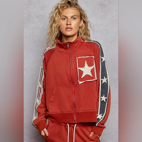 ​POL Star Patchwork Track Suit Set - Rust Red Orange Zip Jacket & Wide Leg